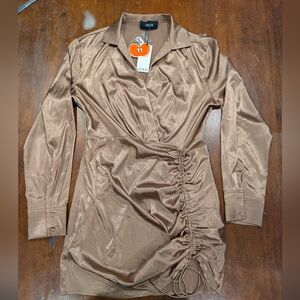 Brown Satin Ruched Dress